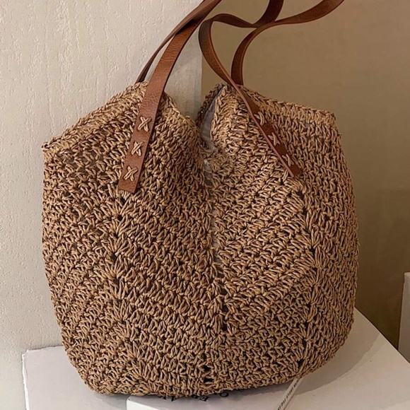 Boho Vegan Leather Strap Minimalist Straw Tote Bag - Picture 9 of 14